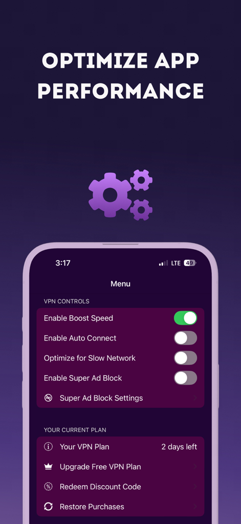 Free VPN app menu showing performance optimization controls and speed boost settings