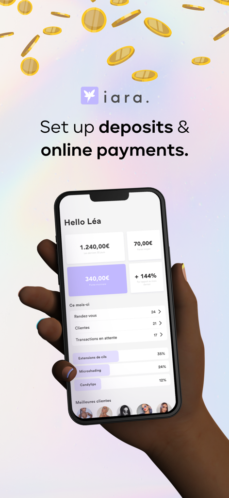 iara. - Ein Smartphone-Bildschirm zeigt das Business-Management-Dashboard der iara App für Beauty-Profis mit Verdiensten und Analysen.