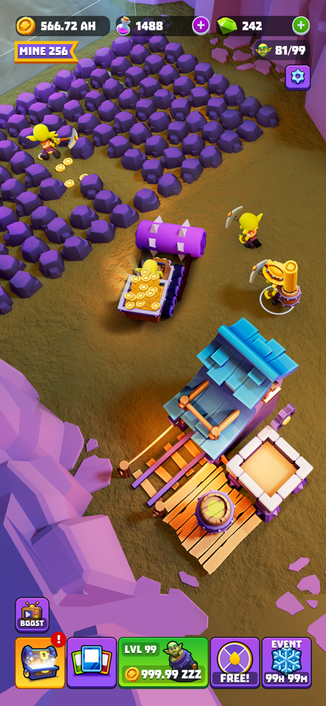 Gold and Goblins - Idle Games - Goblins mining purple rocks and collecting gold in a mobile strategy game