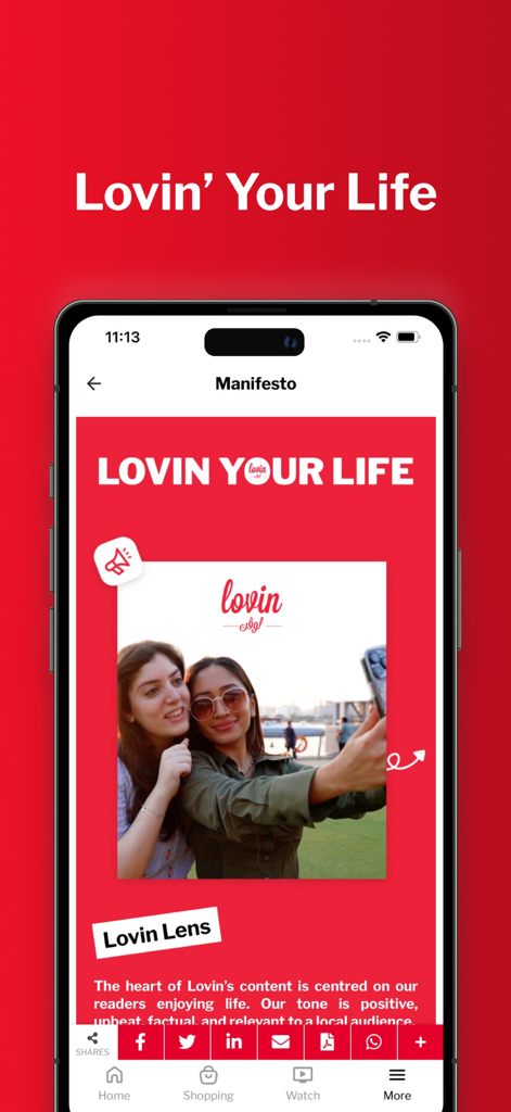 Lovin. - Lovin app manifesto screen featuring the slogan Lovin Your Life and social sharing buttons