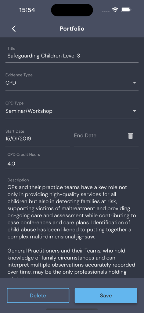 App screen showing a portfolio entry form for recording medical professional CPD evidence such as a safeguarding children seminar