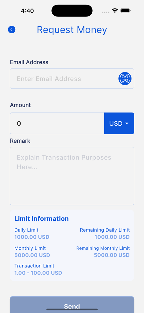 DigiPay App - Oberfläche der DigiPay-App zum Anfordern von Geld mit Details zu Transaktionslimits