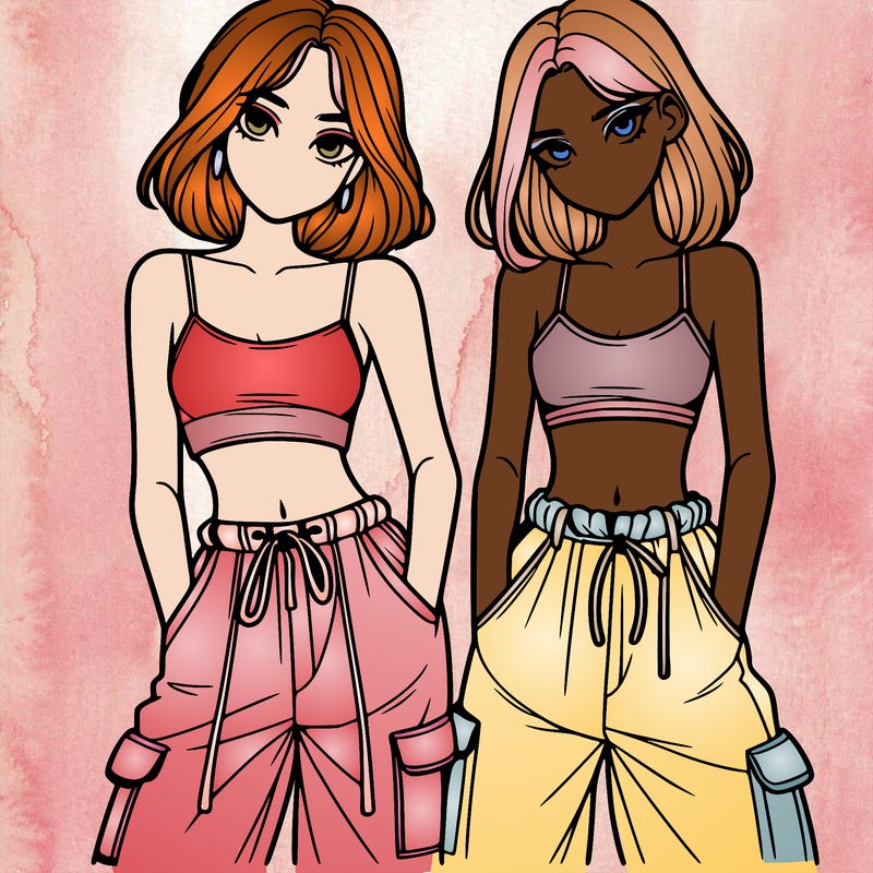two girls with crop top with baggy pants