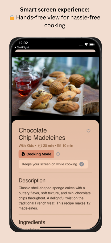 Pastry Recipes - Mobile app screen showing a recipe for chocolate chip madeleines with cooking mode feature enabled