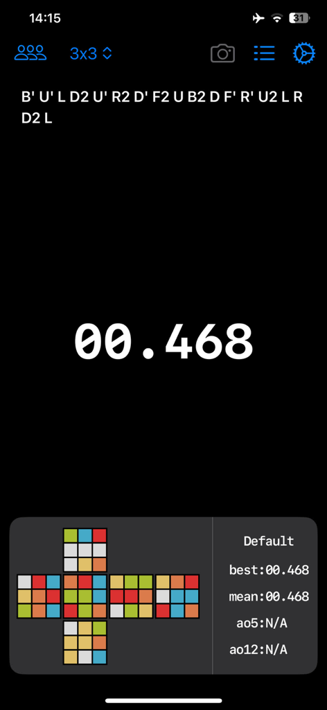 ccTimer - Camera Cube Timer - ccTimer app screen showing a 3x3 Rubiks cube scramble code, a digital timer at 0.468 seconds and detailed solve statistics.