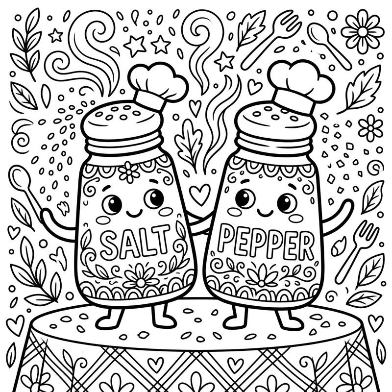 Meet the cutest salt and pepper shakers ready for a burst of color in this delightful page designed just for kids. Surrounded by fun kitchen patterns and seasoning sprinkles, it's perfect for a creative activity.
