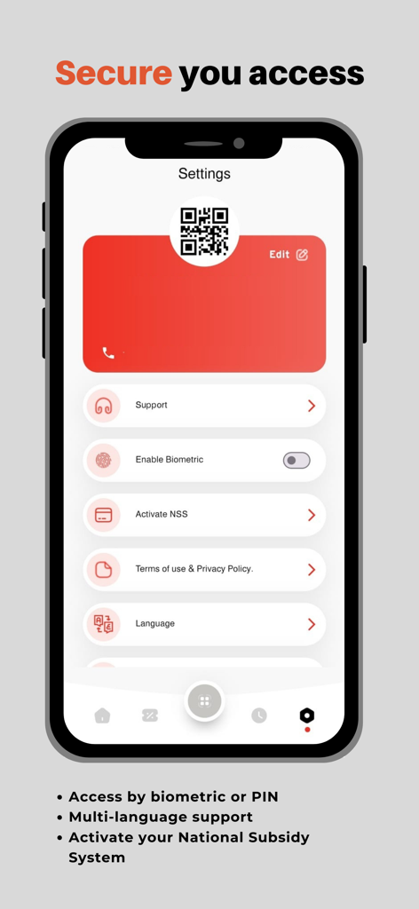 Einstellungen-Bildschirm der Al Maha Plus-App mit biometrischem Login und Aktivierung des National Subsidy System