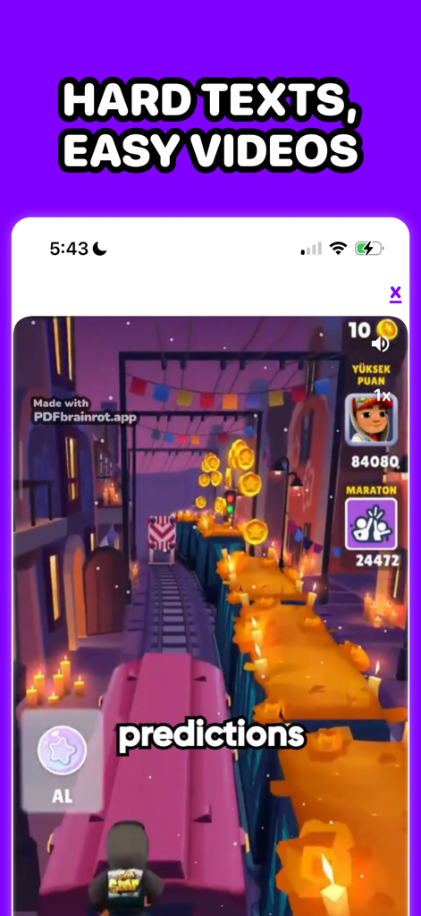 Screenshot of PDF Brainrot app converting hard texts into easy videos featuring Subway Surfers gameplay
