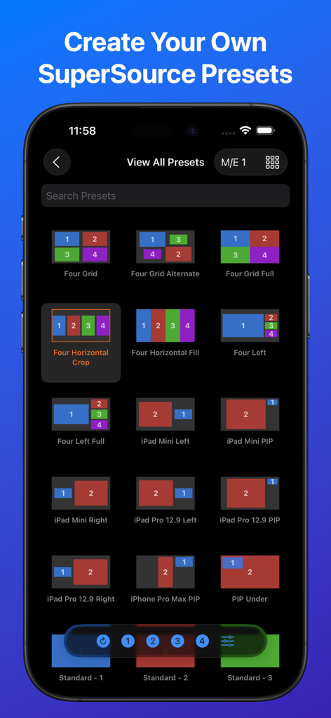 MixEffect (Trial & Pro Unlock) - iPhone screenshot of MixEffect app showing a library of SuperSource video layout presets for Blackmagic ATEM switchers