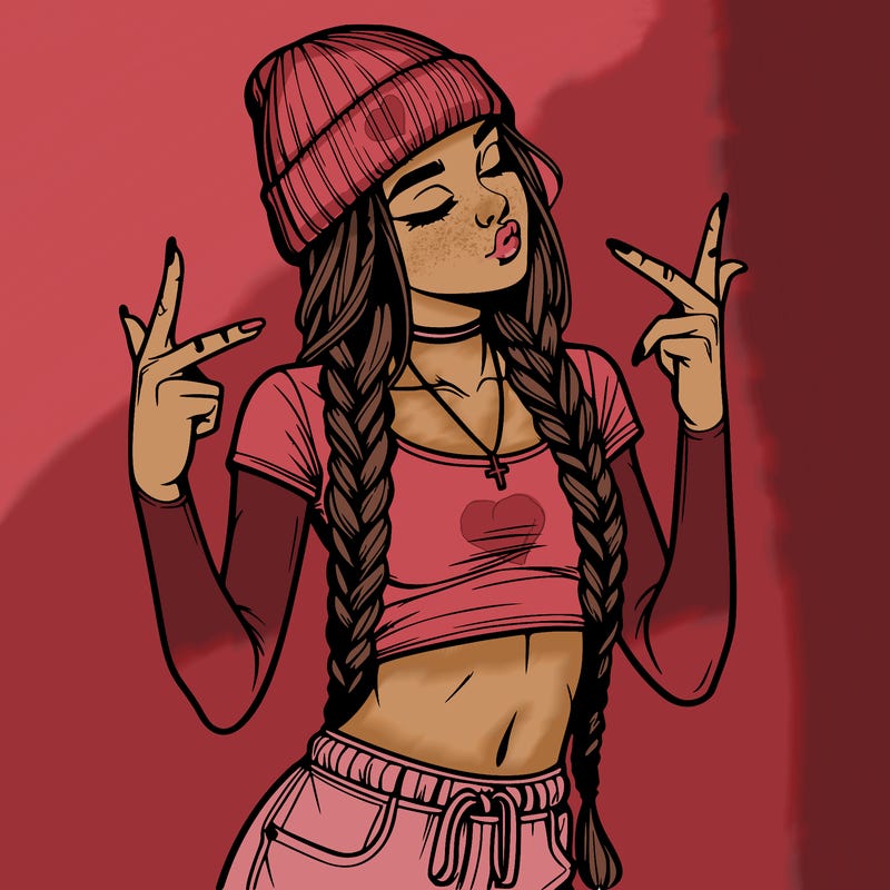 realistic teenage girl with braids and a beanie and crop top doing 🫶🏼