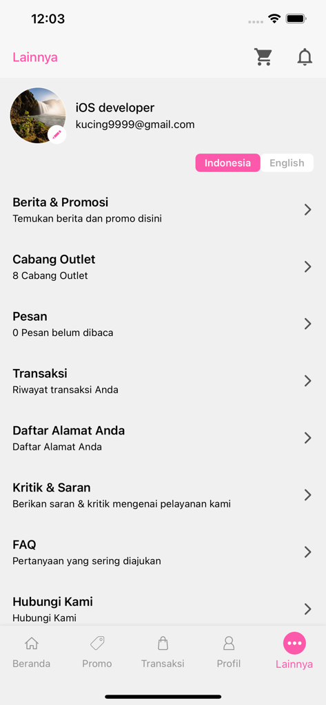 Clandys - Clandys app settings page showing user profile details and various menu options like transactions and promotions