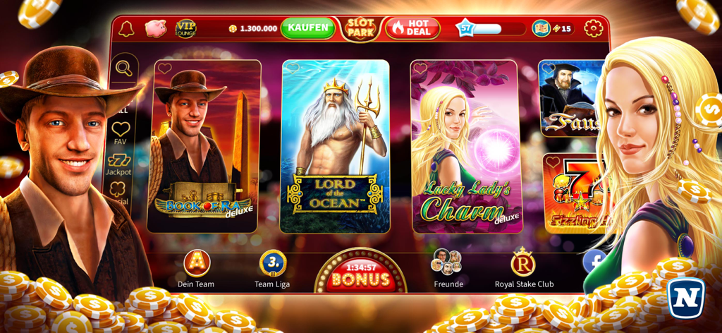 Hauptlobby-Oberfläche der Slotpark Casino App mit Book of Ra und anderen klassischen Slotspielen.