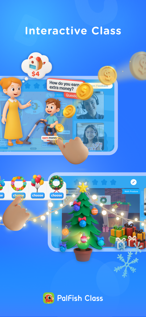 PalFish Class app screenshot showcasing interactive English lessons with live video chat and gamified learning activities for children