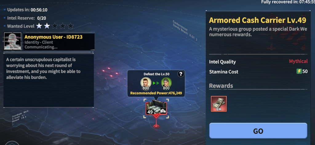 Grand Gangster War - Strategic mission map in Grand Gangster War showing details for an Armored Cash Carrier heist