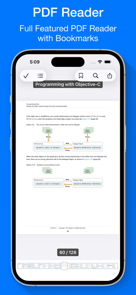 Una pantalla de smartphone mostrando la interfaz del lector de PDF de iFiles con un documento técnico y herramientas de navegación.