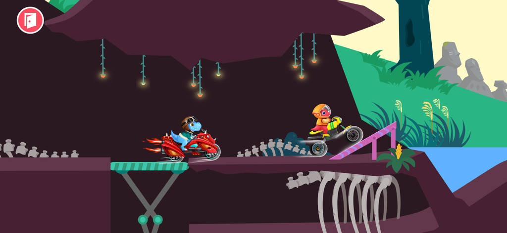 Dirt Bike Games Kids - Dinosaur and racer on dirt bikes driving through a cave with prehistoric bones