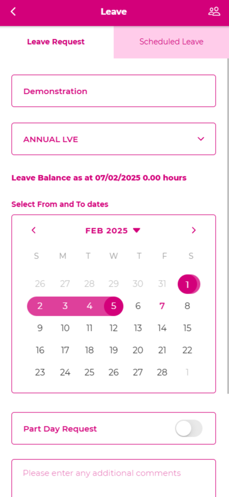 Wageloch Mobile - Interface of Wageloch Mobile app showing a leave request form with a calendar and annual leave selection