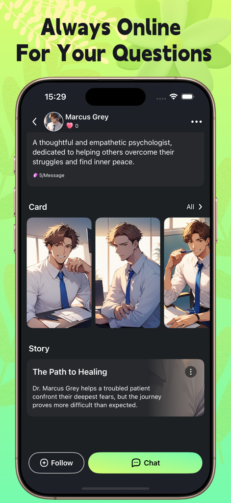 Aikami app screen displaying an AI character profile named Marcus Grey with anime illustrations and a chat button.