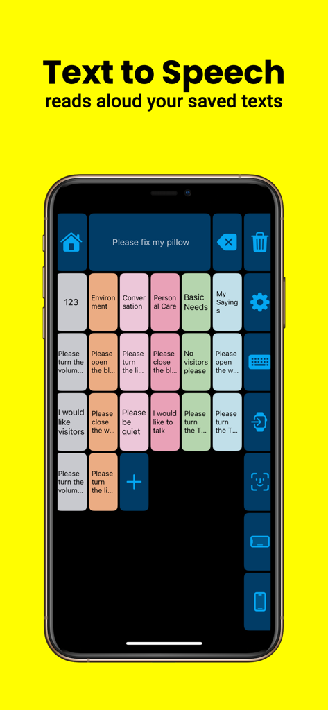 Speech Assistant - AAC Talker - Interface do aplicativo Speech Assistant AAC Talker mostrando uma grade de comunicação com frases para texto para fala