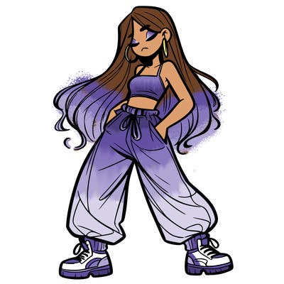 girl in baggy pants crop top and long hair