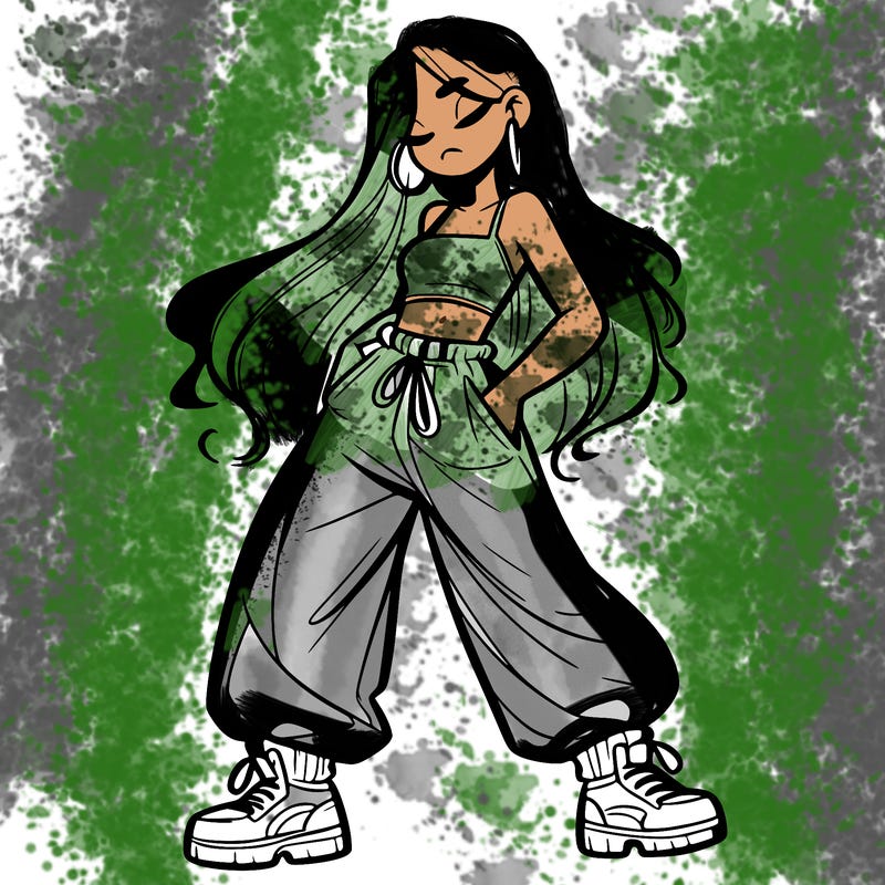 girl in baggy pants crop top and long hair