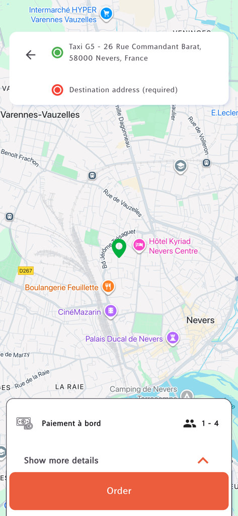 Taxi G5 - Taxi G5 mobile app interface showing a map of Nevers with a pickup point selected and an order button.
