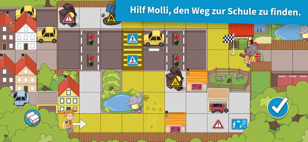 Molli und Walli | UKH - Una pantalla de juego de seguridad vial donde un personaje infantil navega por un mapa de la ciudad para llegar a la escuela respetando las señales.