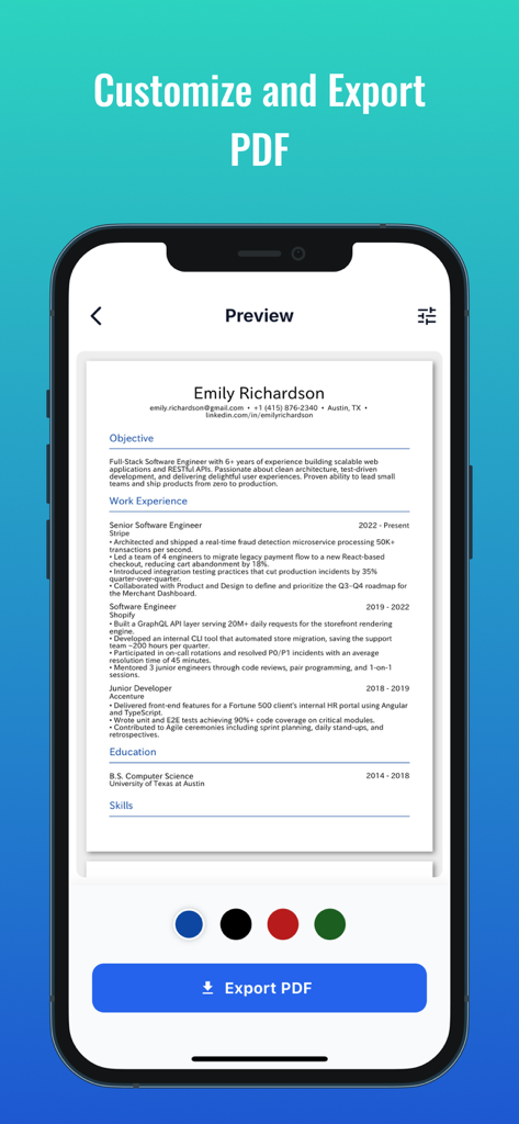 Resume Builder: CV Maker & AI - プロフェッショナルな履歴書のプレビューを表示し、色をカスタマイズしてPDFとしてエクスポートするオプションを示すモバイルアプリ画面