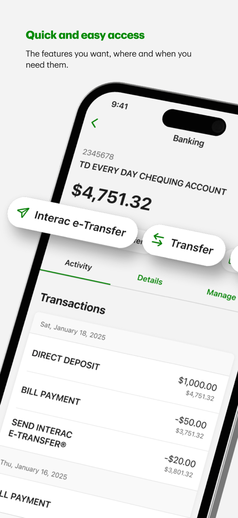 TD Canada App-Oberfläche mit Kontostand eines Girokontos und letzten Transaktionen