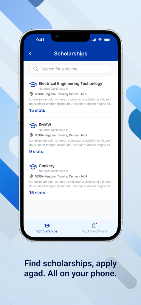 TESDA Skills Passport - A smartphone showing the scholarship listing page for vocational courses in the TESDA Skills Passport app.