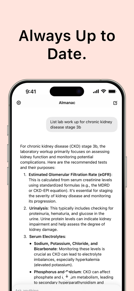 Almanac Health - Almanac Health app screen displaying evidence-based medical research for chronic kidney disease lab work