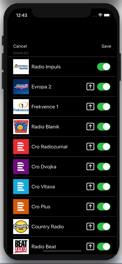 Settings screen of Radio Ceska Republika app showing a list of enabled Czech radio stations with toggle switches