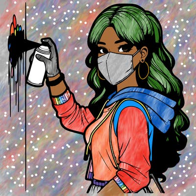realistic girl with mask spray painting a wall
