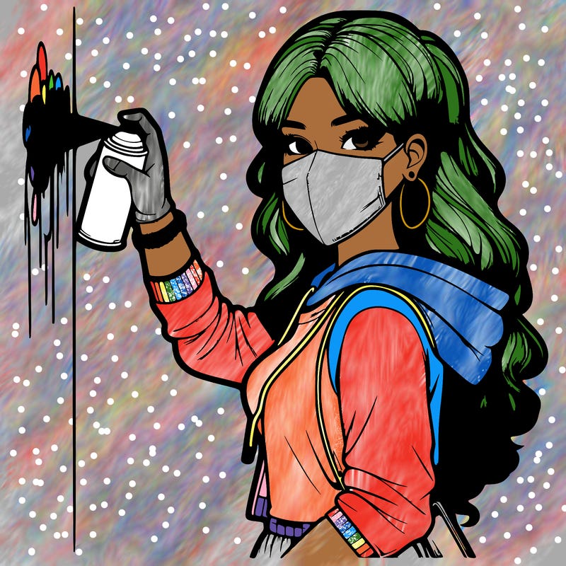 realistic girl with mask spray painting a wall