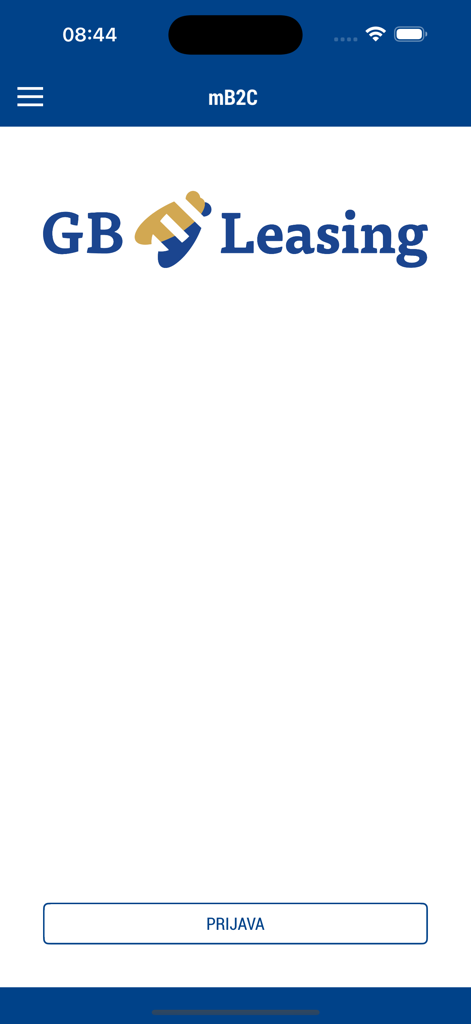 mB2C - Der Anmeldebildschirm der mB2C-Mobil-App mit dem GB Leasing-Logo und einer Anmeldeschaltfläche