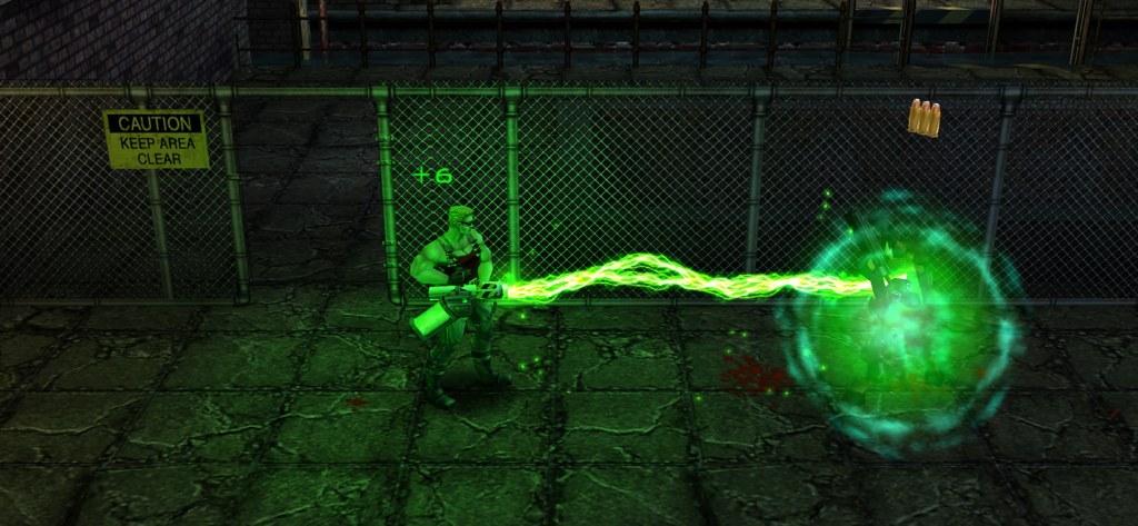 Duke Nukem: Manhattan Project - Duke Nukem disparando un rayo de energía verde del arma GLOPP Ray a un enemigo mutante.