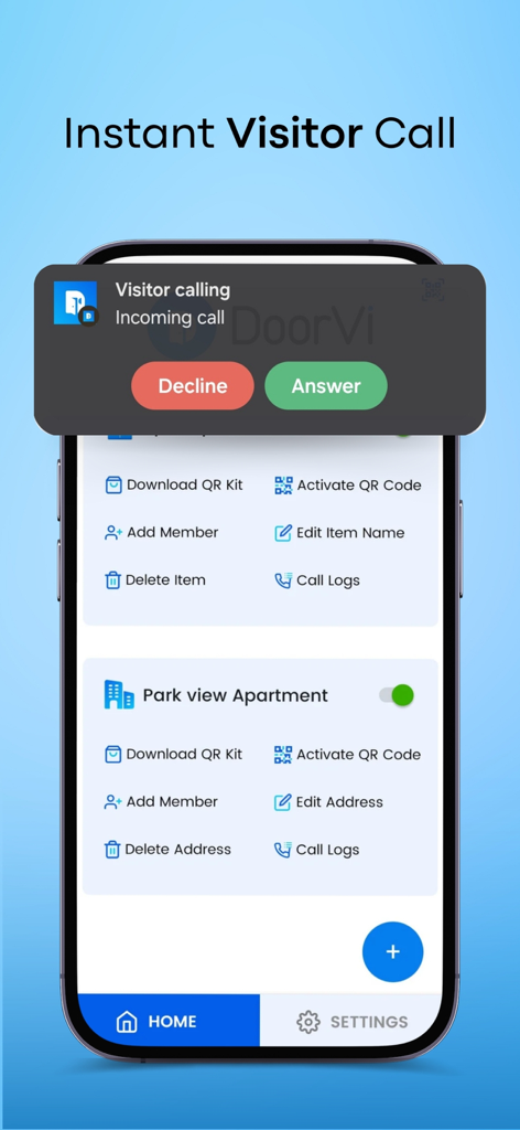 Tela do smartphone mostrando uma notificação de chamada de visitante recebida no aplicativo DoorVi com opções para atender ou recusar