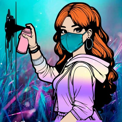 realistic girl with mask spray painting a wall