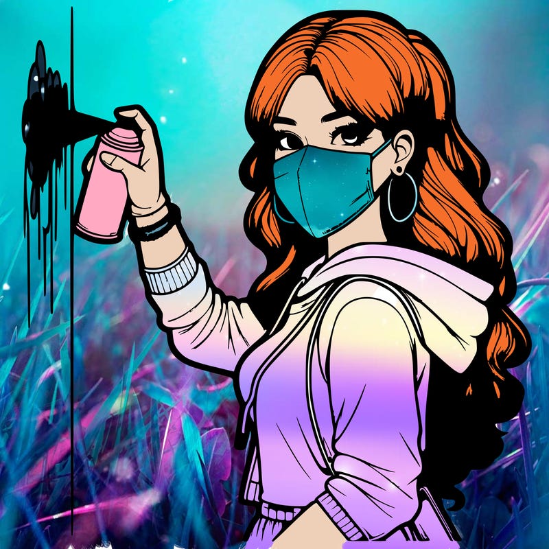 realistic girl with mask spray painting a wall