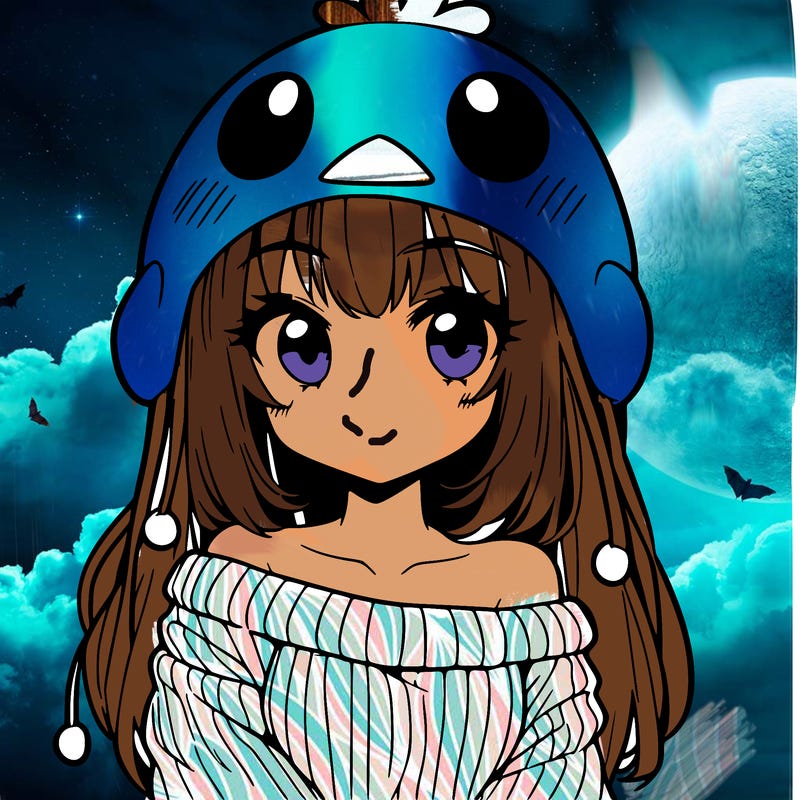 anime girl with chick shaped hat with sweater with bare shoulders with bangs covering them one eye with low tail