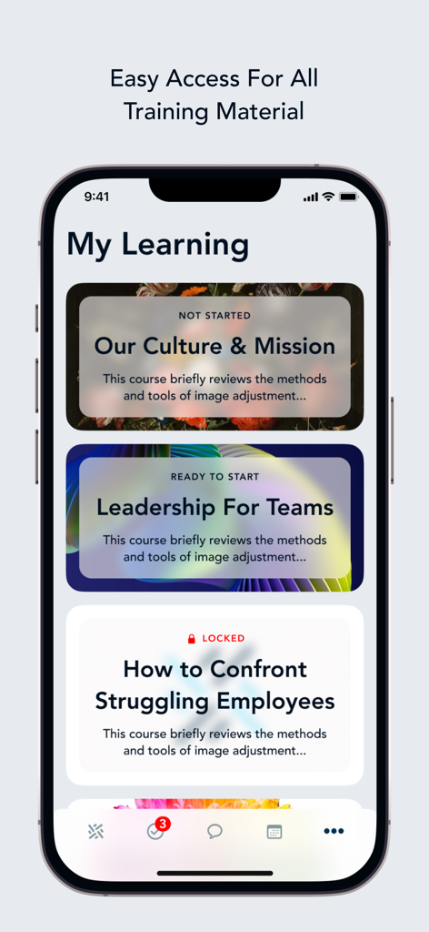 Mobile screen of Woven My Work app showing the My Learning section with various employee training courses for franchise staff.