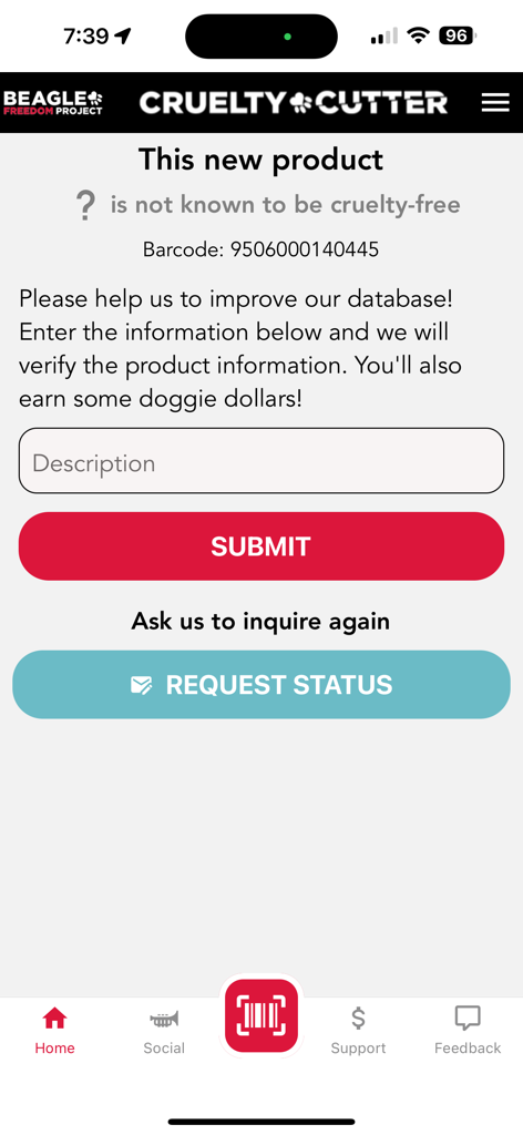 Cruelty Cutter - Cruelty Cutter app screen showing a scanned product with unknown cruelty-free status and a form to submit details.