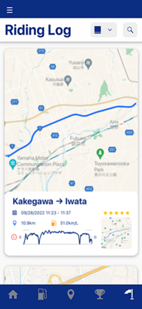 Yamaha Motorcycle Connect riding log screen with map route and trip statistics