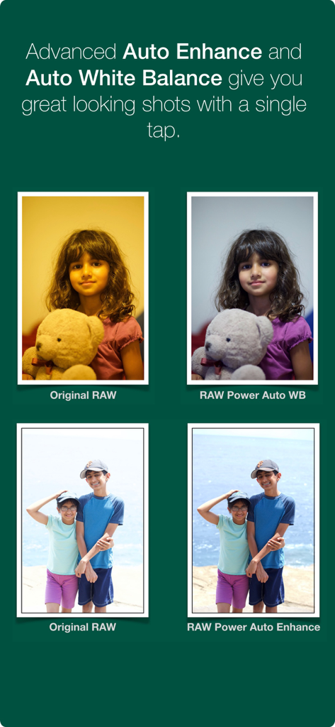 RAW Power - Side by side comparison of original RAW photos versus RAW Power Auto White Balance and Auto Enhance features