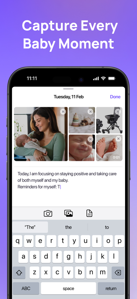 Uni - Pregnancy + Baby Growth - A mobile app interface showing a baby journal entry with photos of a mother and child and a text field for personal notes
