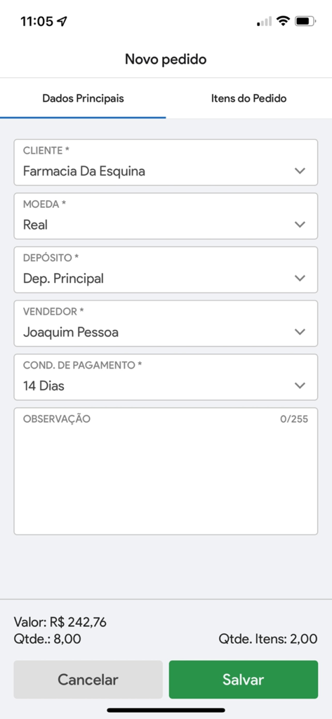 Senha Mobile - Pantalla de smartphone de la aplicación Senha Mobile que muestra un formulario de nuevo pedido de ventas con detalles del cliente y del pago.