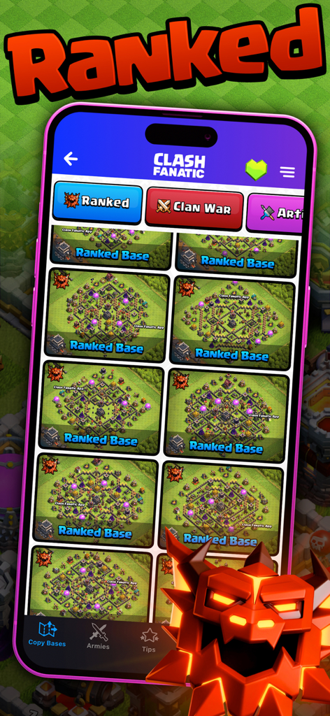 CoC Fanatic for Clash of Clans - Interfaz de la aplicación móvil que muestra una cuadrícula de diseños de bases clasificadas para Clash of Clans.