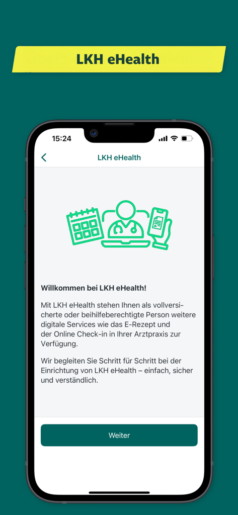 モバイルアプリ内LKH eHealthサービスの紹介画面。デジタル医療アイコンとドイツ語のウェルカムメッセージが特徴です。