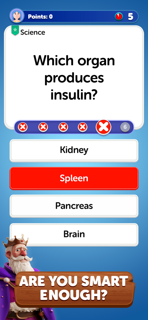 A science trivia question about insulin production on the Trivia Tower mobile app interface.