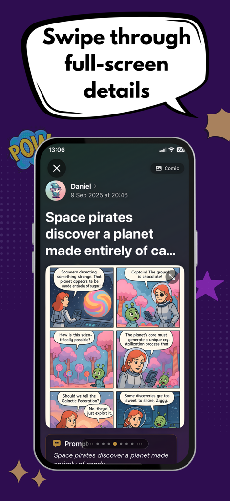 Comic Book Maker - iCartoon - A preview of an AI generated comic book panel about space pirates within the iCartoon app interface.